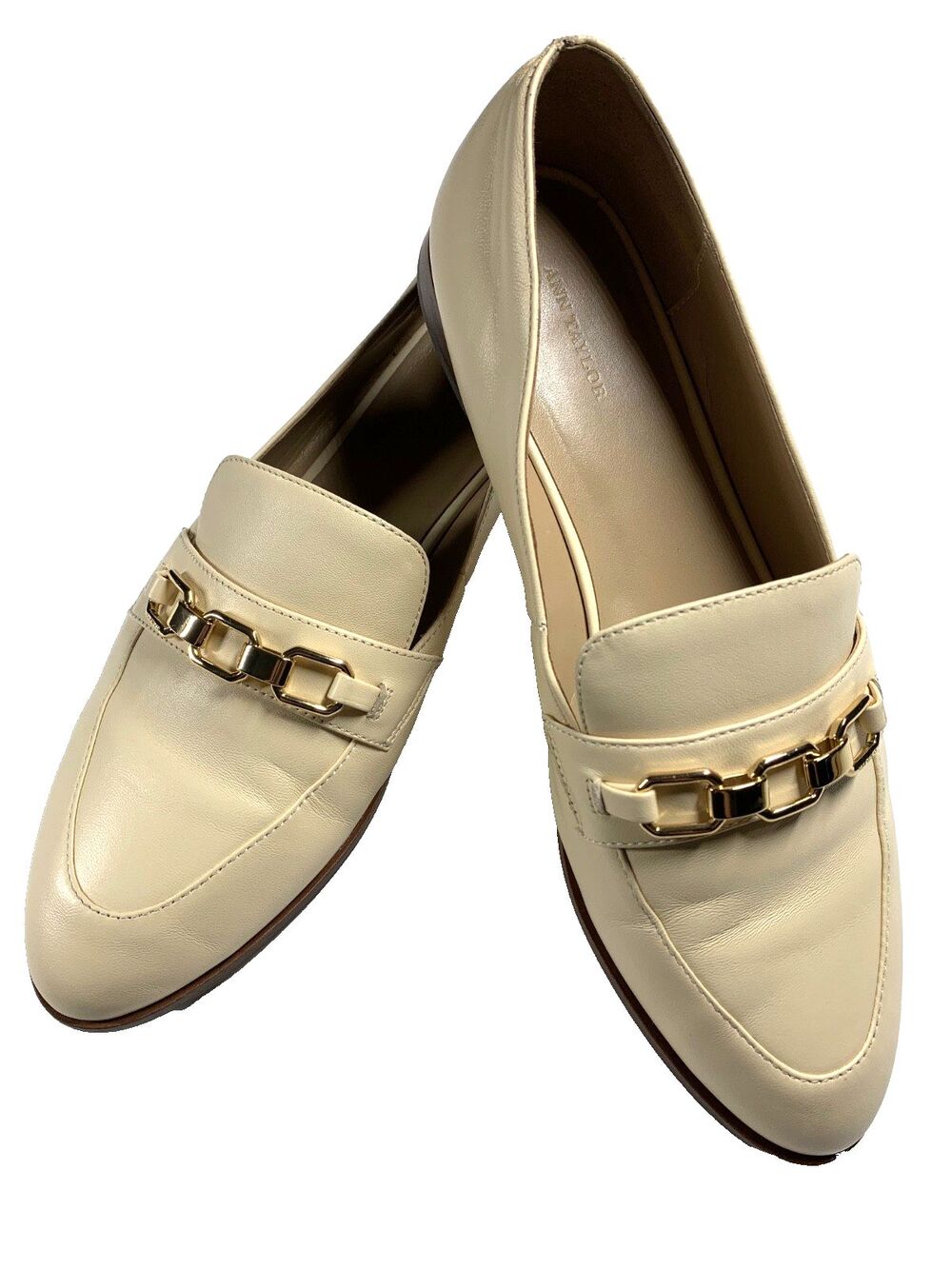 Ann Taylor Ivory Leather Loafers Slip On Chain Hardware 9.5 Quiet Luxury Beige